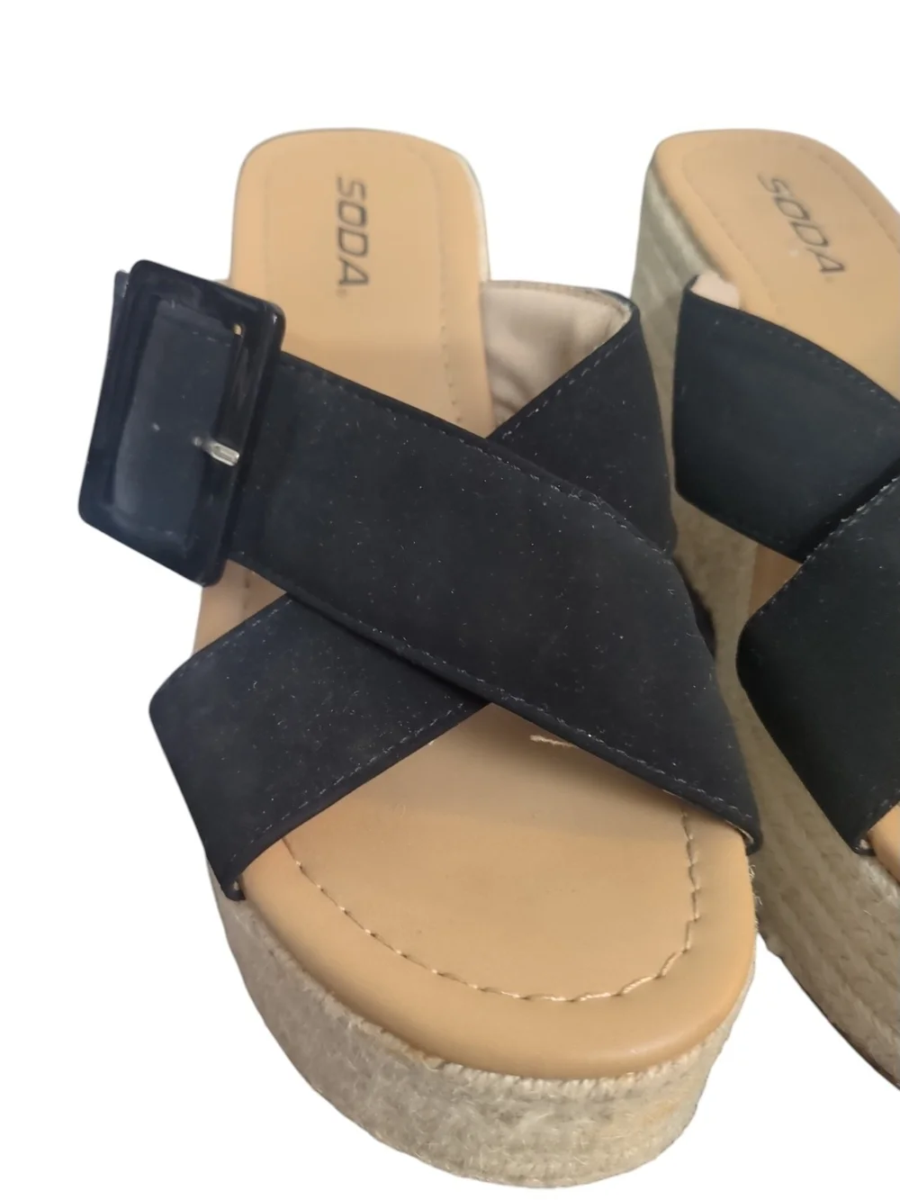 Soda Black Espadrille Platform Wedge Slide Sandals Sz 7.5 CrissCross Buckle Boho